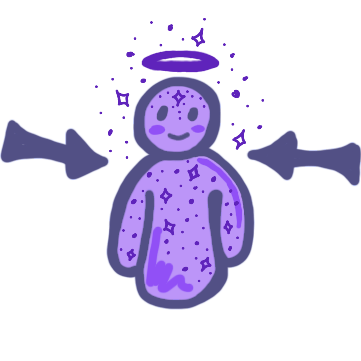 a purple figure with arrows pointing to it from either side. Above the figure is a halo surrounded by stars, the stars also stretch across the figures body.